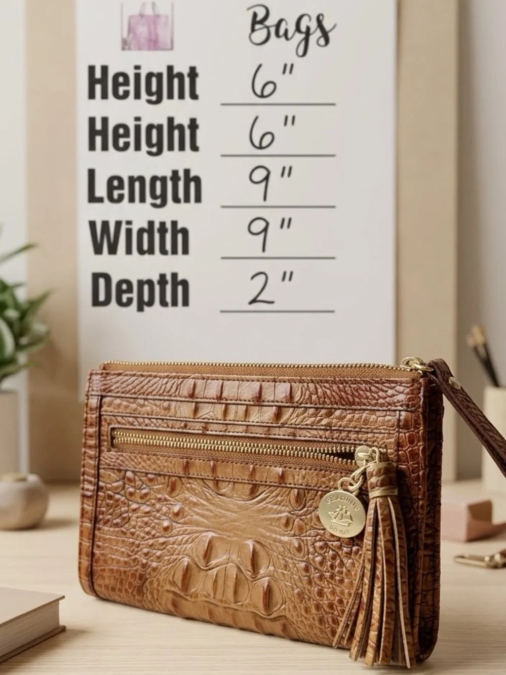 Brahmin Brown Embossed Leather Clutch/Wristlet with Tassel & Gold medallion